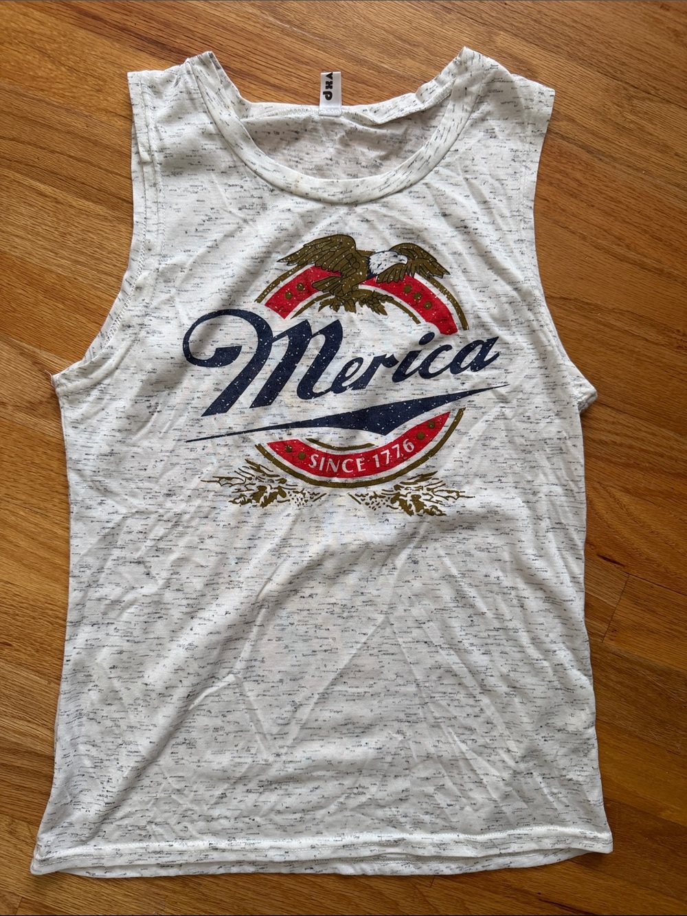 White Speckled 'Merica Graphic Tank Top with Red, Navy & Gold Accents